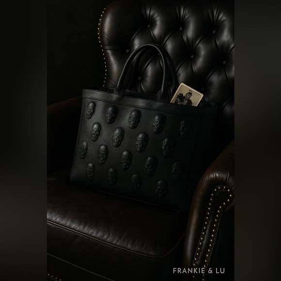 io pelle Handbags - IO PELLE Italian XL 3D Skull Leather Weekender Tote Bag Black NWT